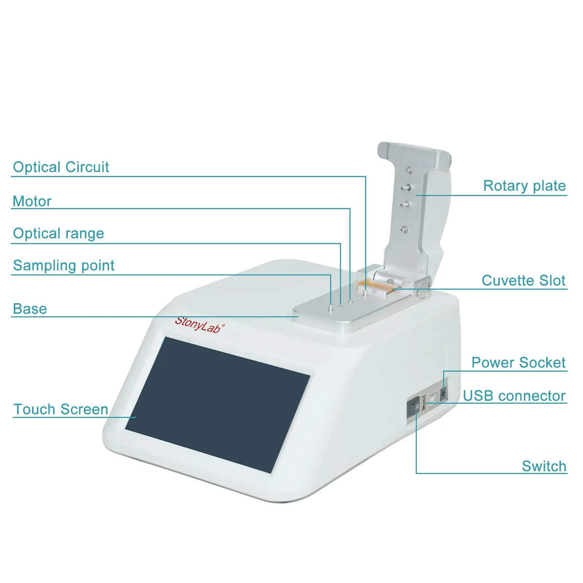 Side view and dimensional layout of the durable StonyLab Micro-Volume Spectrophotometer