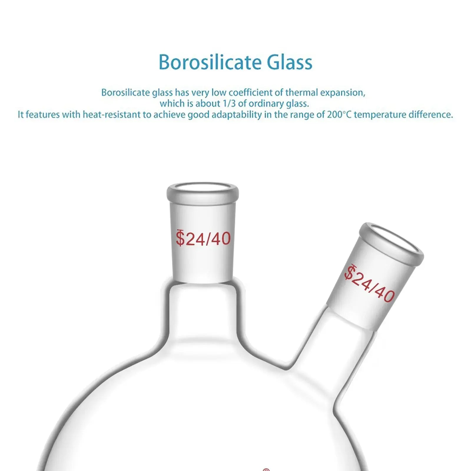 Side view and dimensional layout of the durable StonyLab 2-Neck Flat Bottom Flask with 24