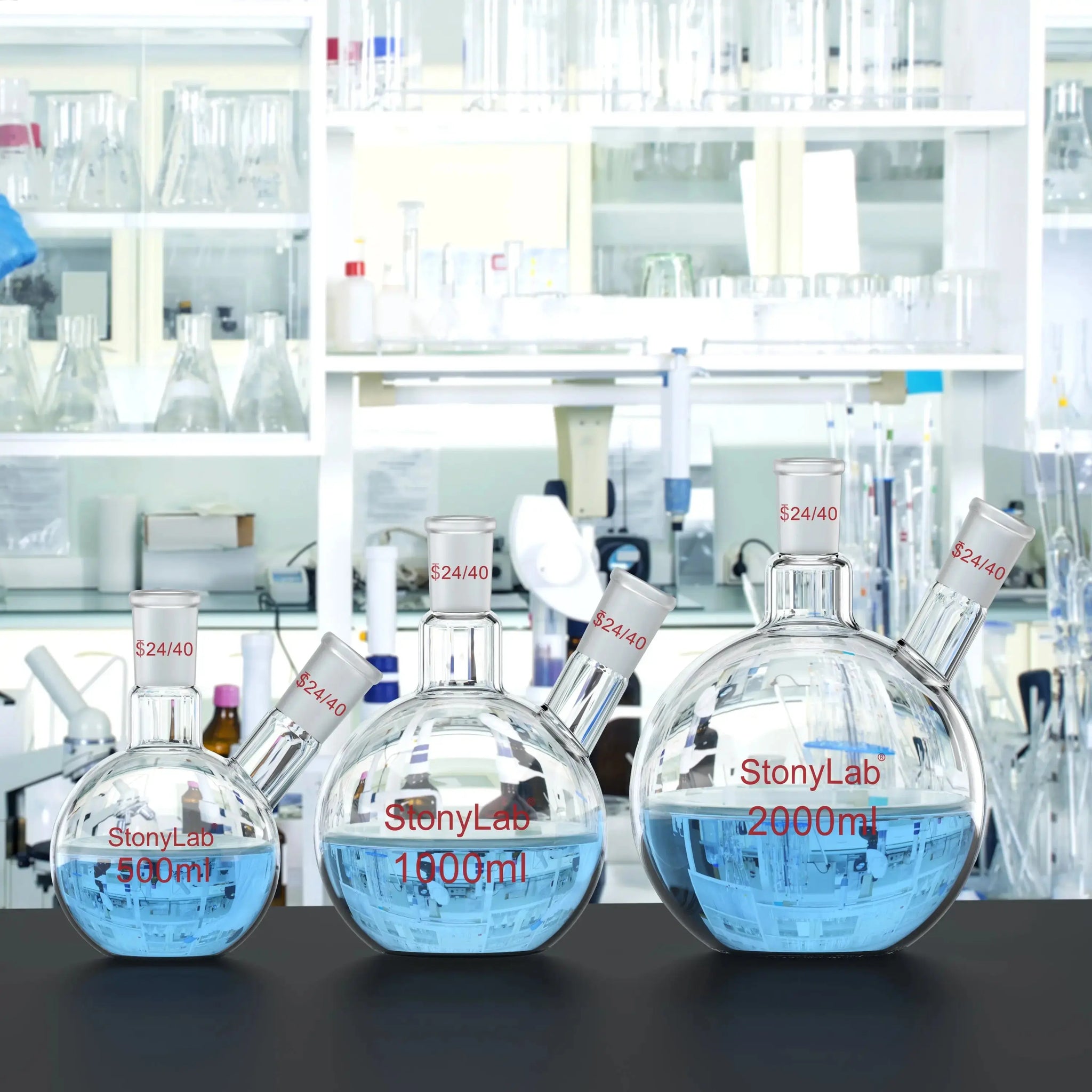 Alternative angle showing underlying build quality of StonyLab 2-Neck Flat Bottom Flask with 24