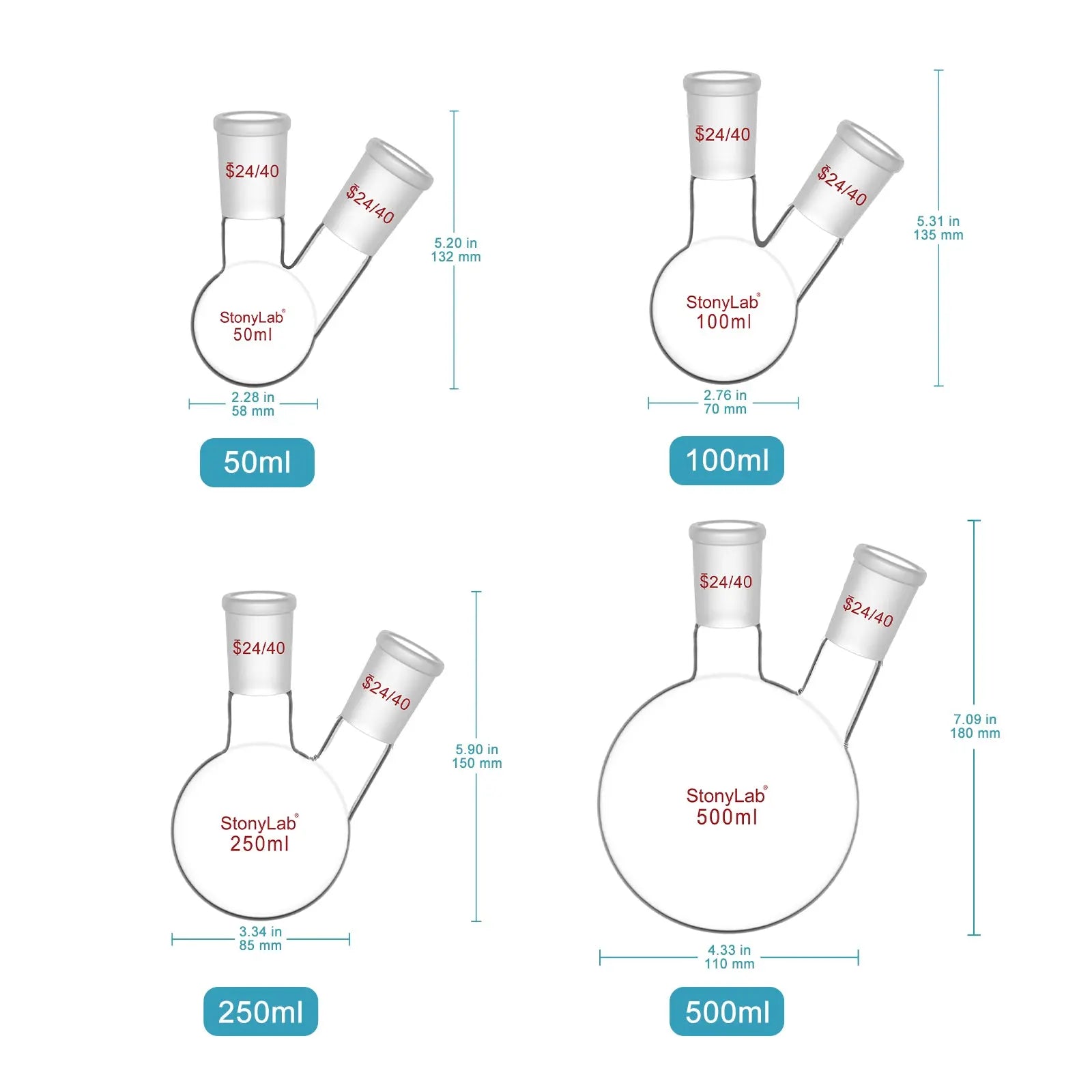 Close-up view showing the precise design and material of StonyLab 2-Neck Round Bottom Flask with 24