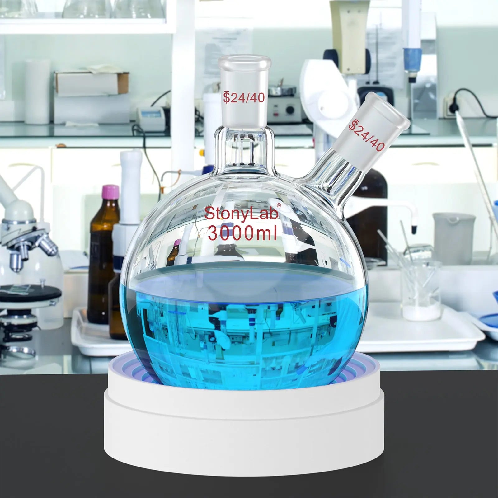 Alternative angle showing underlying build quality of StonyLab 2-Neck Round Bottom Flask with 24