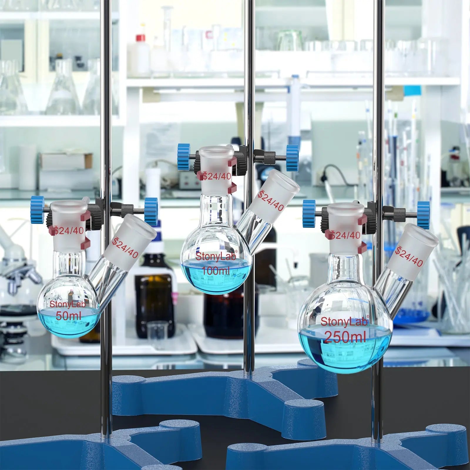 Comprehensive product view and setup components for StonyLab 2-Neck Round Bottom Flask with 24