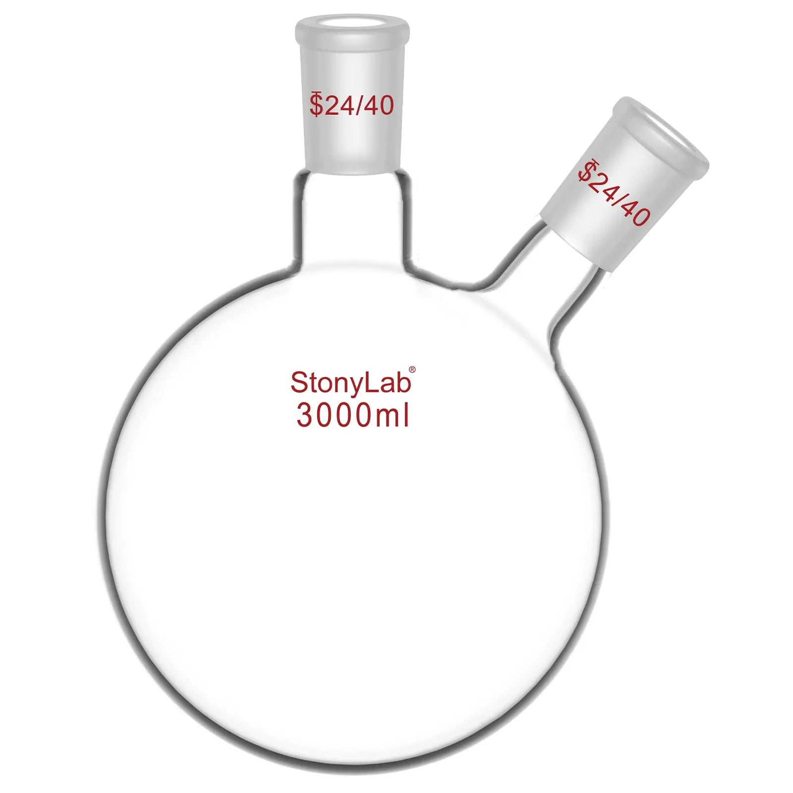 Comprehensive product view and setup components for StonyLab 2-Neck Round Bottom Flask with 24