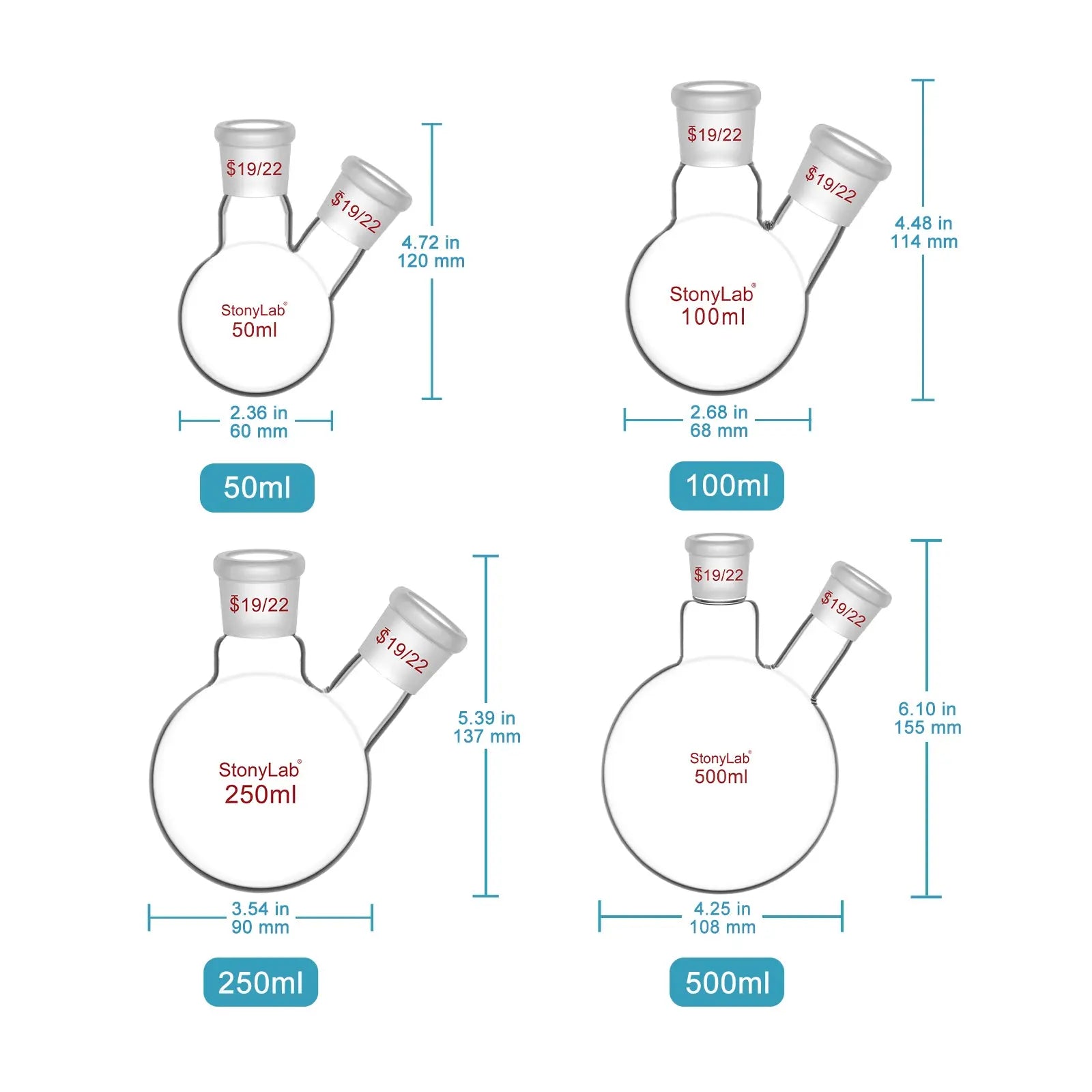 Close-up view showing the precise design and material of StonyLab 2-Neck Round Bottom Flask