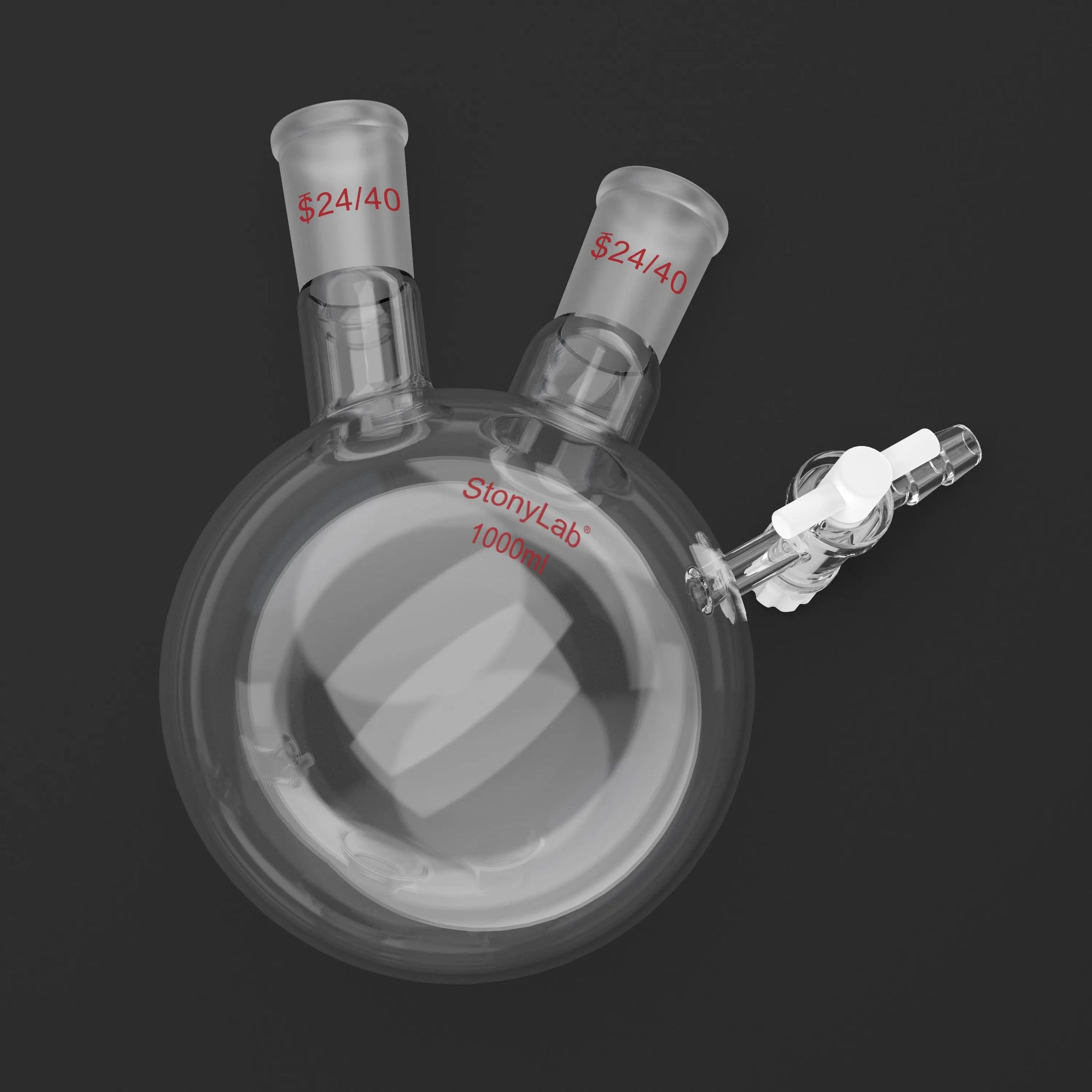 Alternative angle showing underlying build quality of StonyLab 2-Neck Round Bottom Reaction Flask