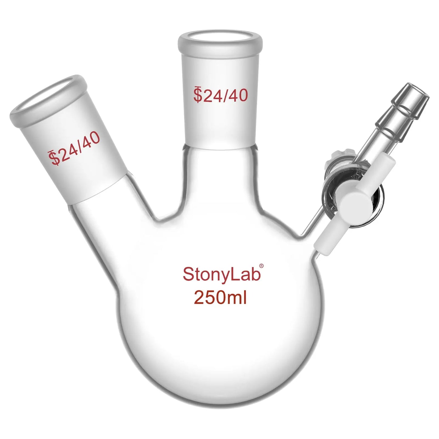 2 Neck Round Bottom Reaction Flask, 24/40 Joint, PTFE Stopcock Valve, 50-1000 ml Flasks-Round Bottom-2 Neck