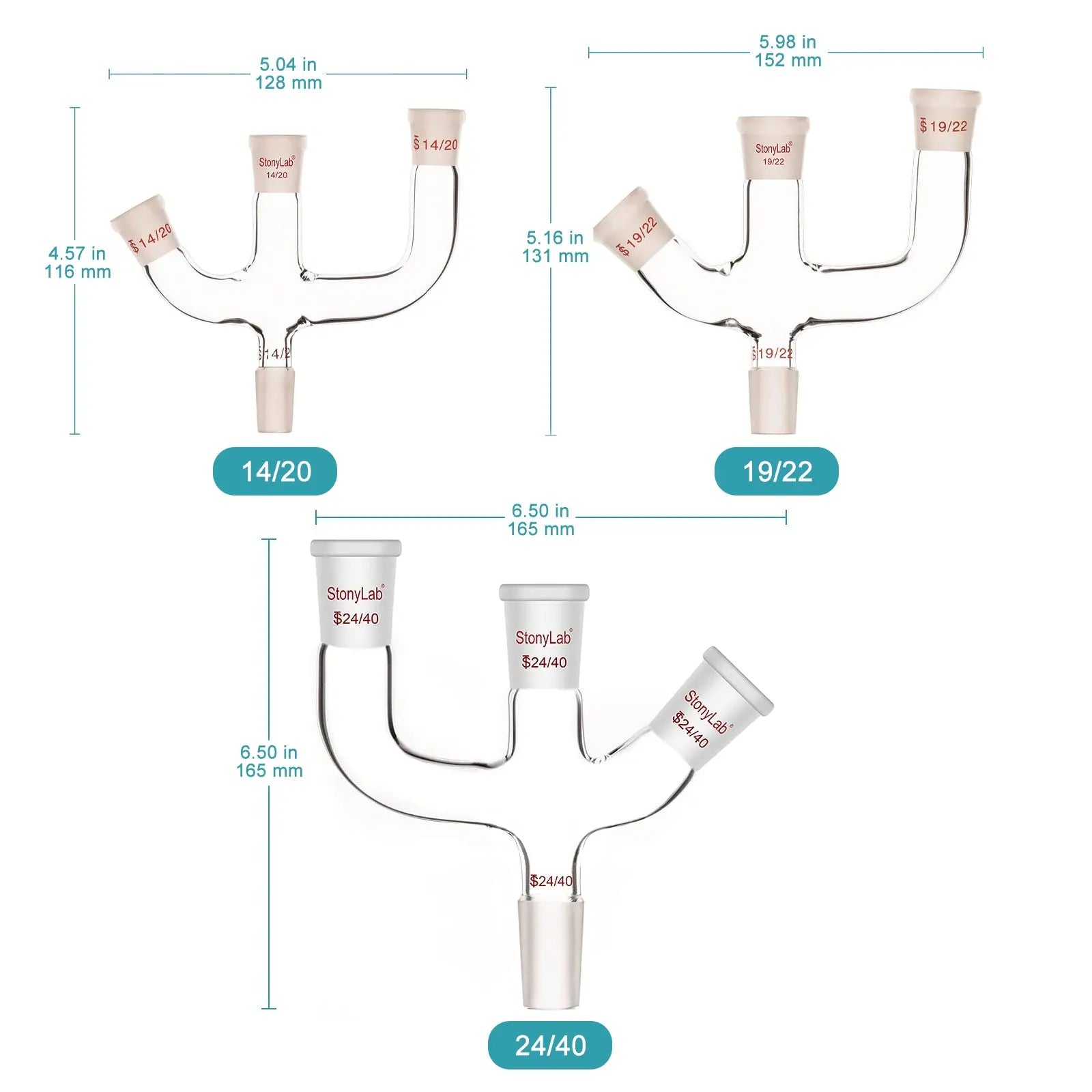 Close-up view showing the precise design and material of StonyLab 3-Inlet Claisen Distillation Adapter with 45 Degree Side Arm
