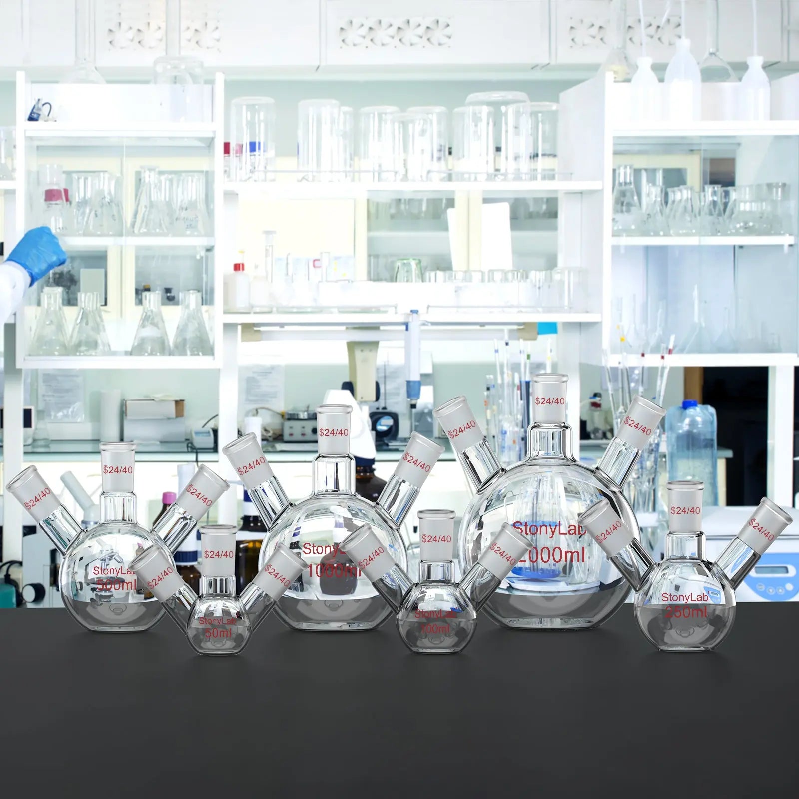 Comprehensive product view and setup components for StonyLab 3-Neck Flat Bottom Flask