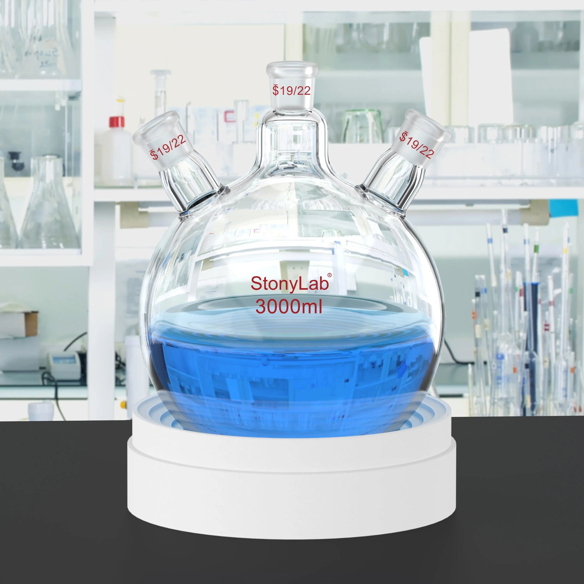 Alternative angle showing underlying build quality of StonyLab 3-Neck Round Bottom Flask
