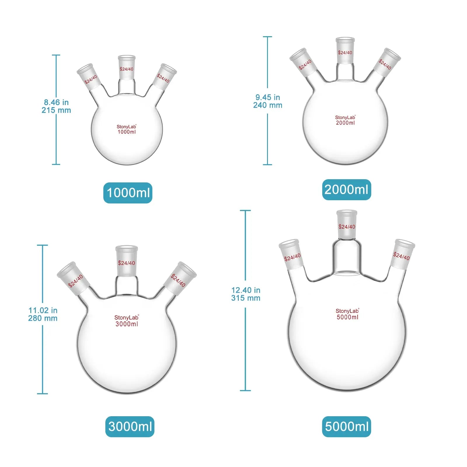 Side view and dimensional layout of the durable StonyLab 3-Neck Round Bottom Flask
