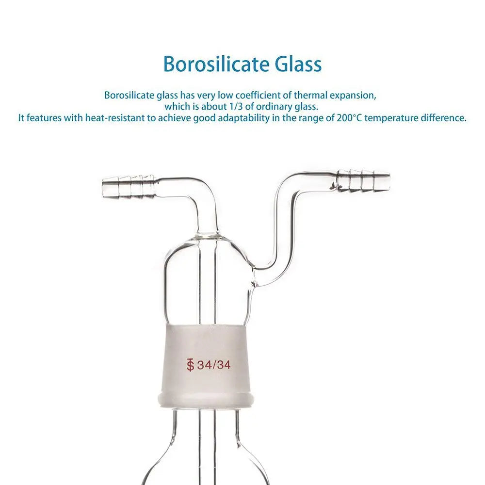 Side view and dimensional layout of the durable StonyLab Gas Washing Bottle with Fritted Dispersion Tube