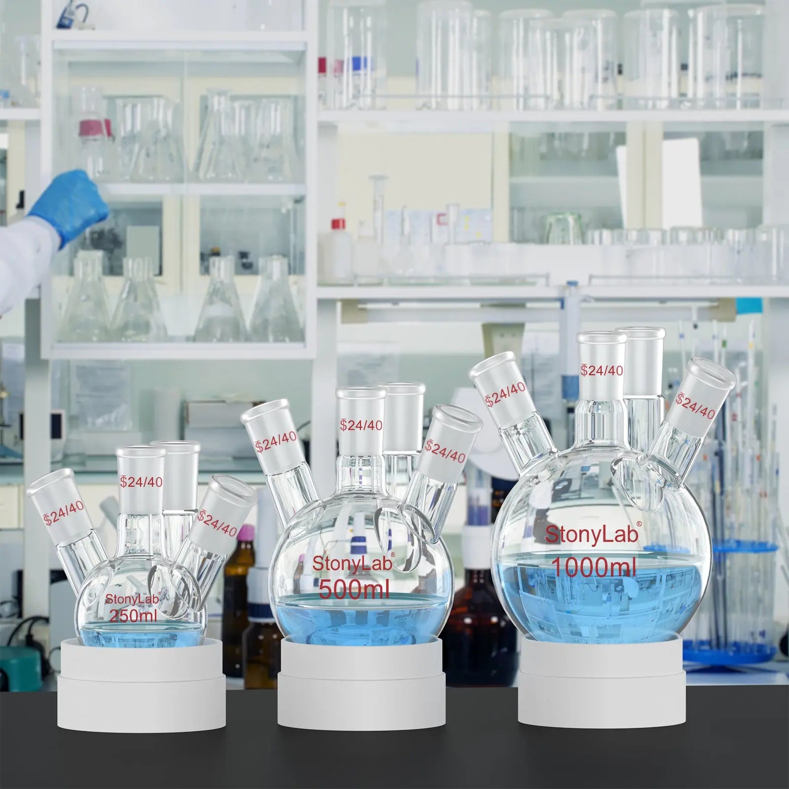 Comprehensive product view and setup components for StonyLab 4-Neck Round Bottom Flask