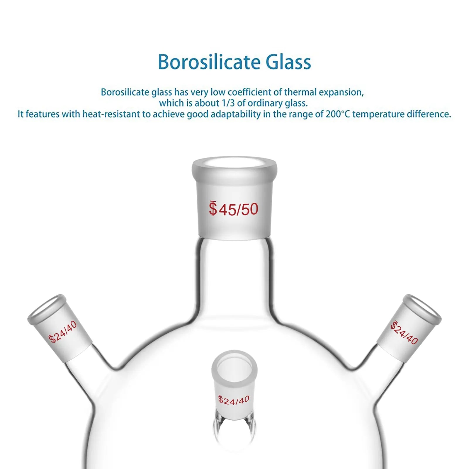 Side view and dimensional layout of the durable StonyLab 4-Neck Round Bottom Flask