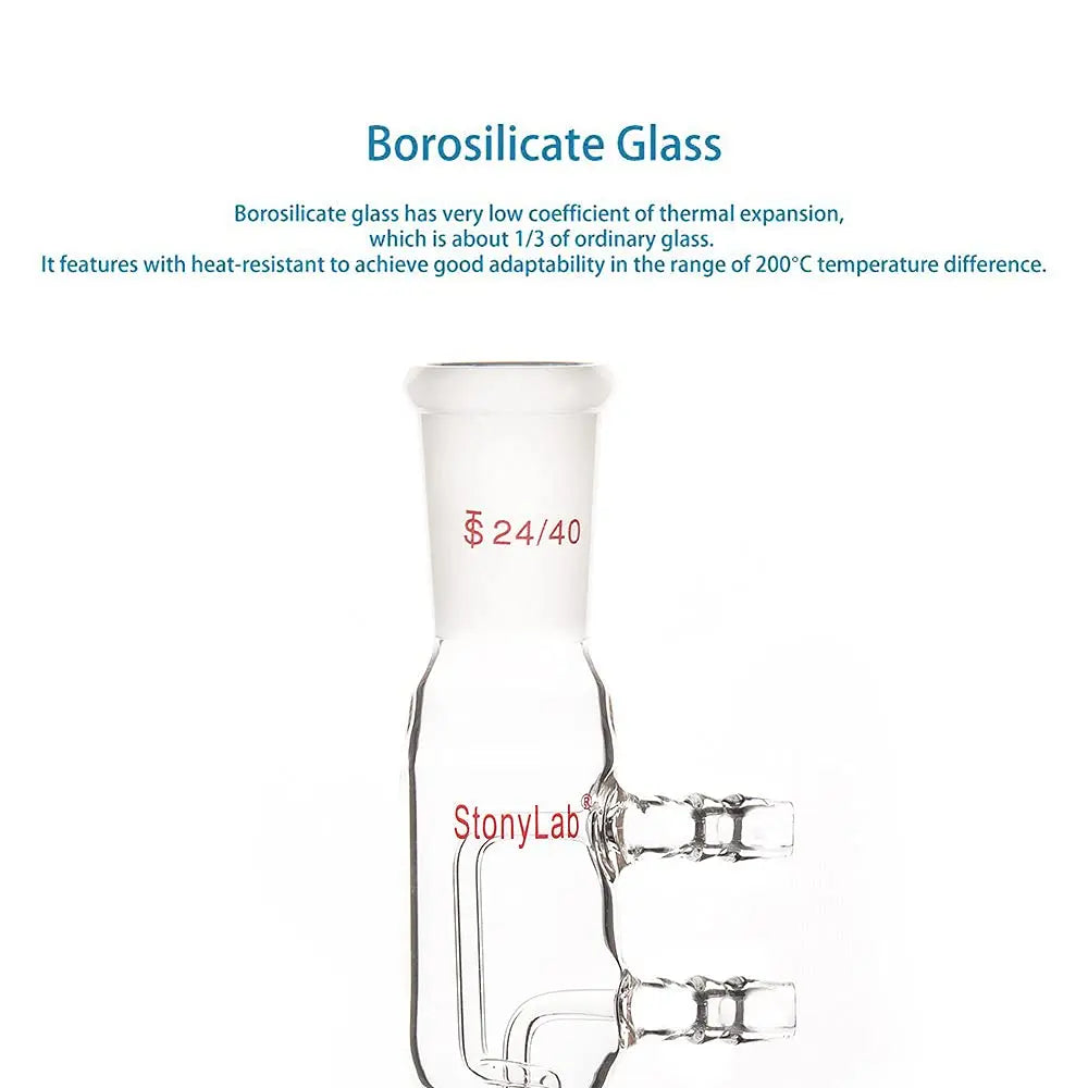 Side view and dimensional layout of the durable StonyLab Glass Dimroth Coil Reflux Condenser with 24