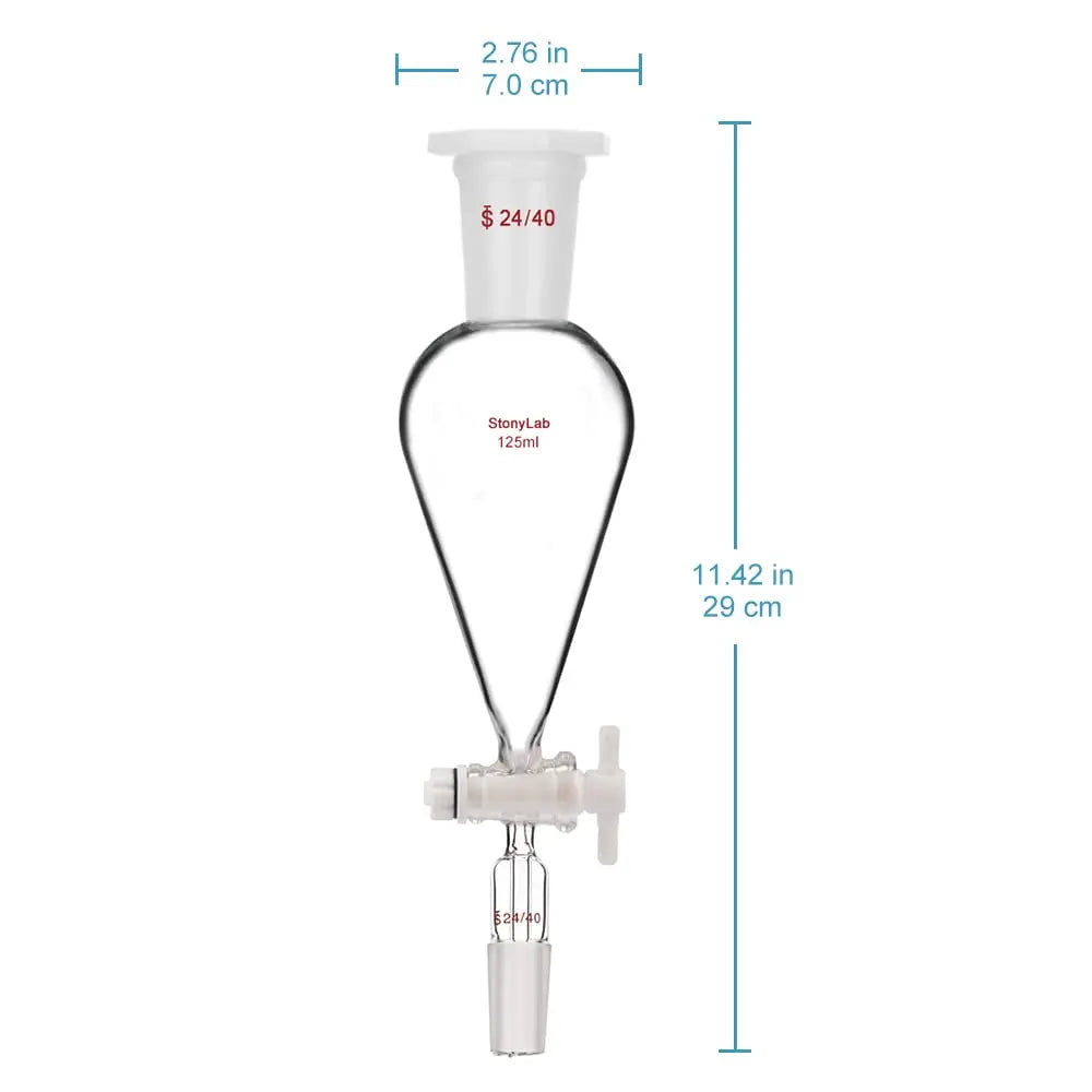 Separatory Funnel with PTFE Stopcock, 24/40 Joints, 60-1000 ml - StonyLab Funnels - Separatory 125-ml