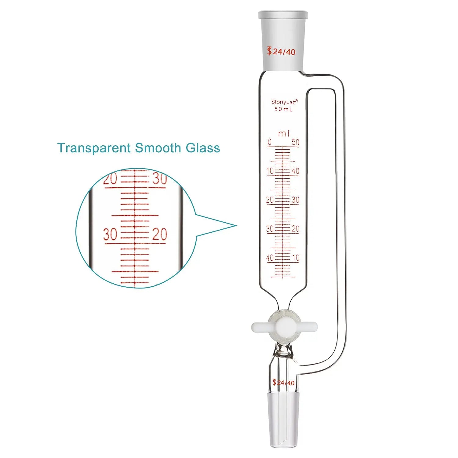 Pressure Equalizing Graduated Addition Funnel with 24/40 Joints, PTFE Stopcock, 50-500 ml Funnels - Glass/Powder/Weighing/Equalizing