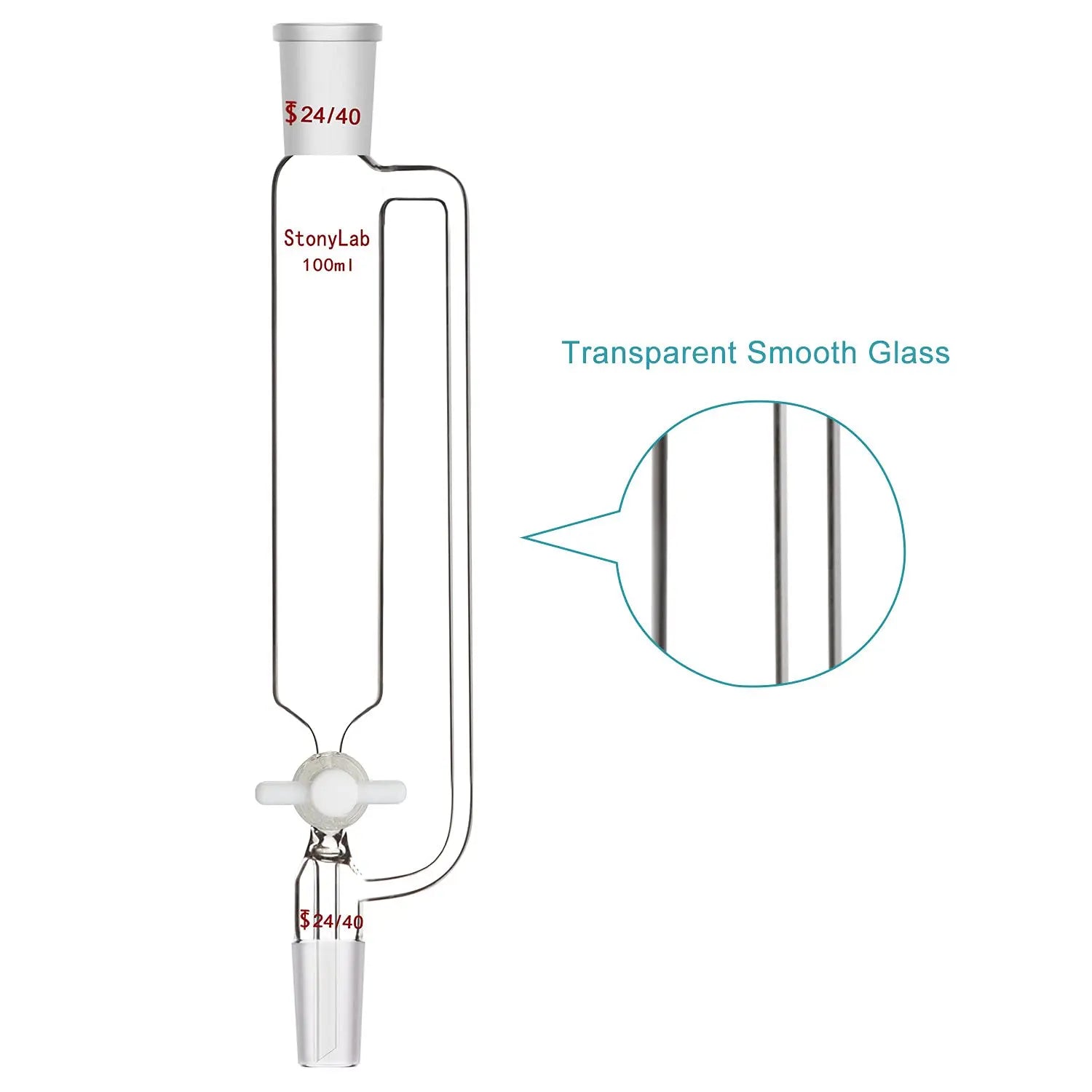 Side view and dimensional layout of the durable StonyLab Pressure Equalizing Addition Funnel