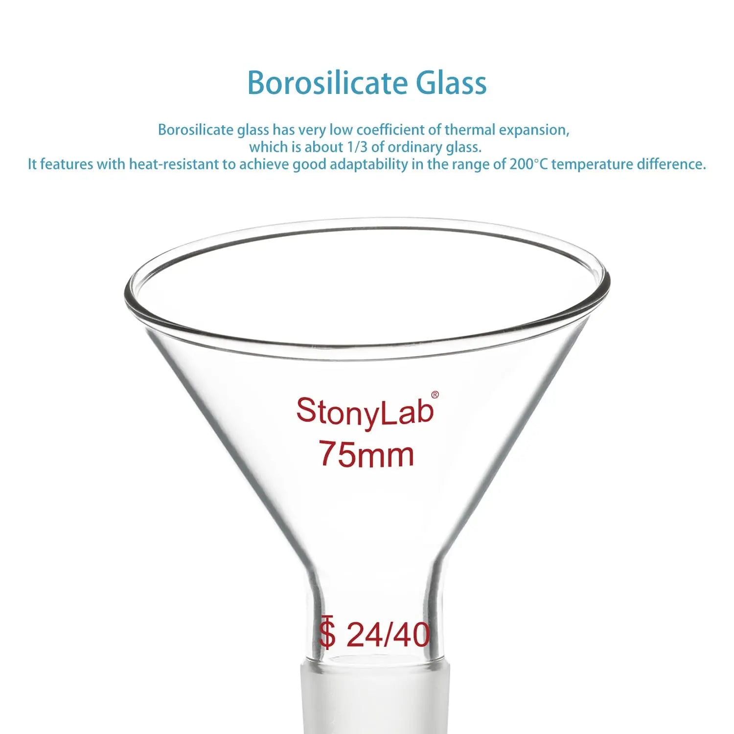 Side view and dimensional layout of the durable StonyLab 60¡ã Offset Borosilicate Glass Powder Funnel