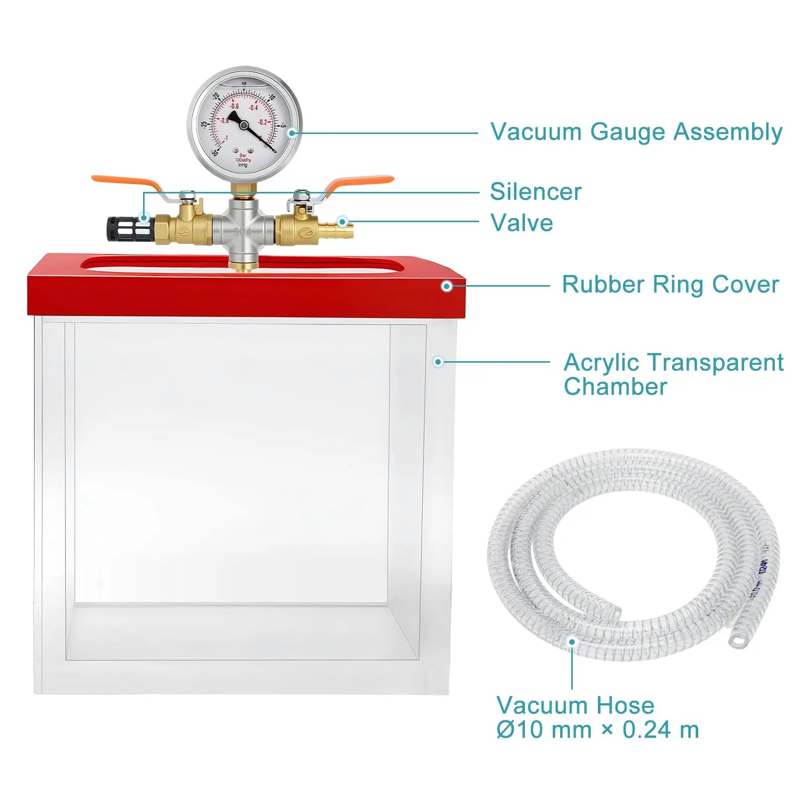 Side view and dimensional layout of the durable StonyLab Acrylic Vacuum Chamber with 10.2 mm Vacuum Port