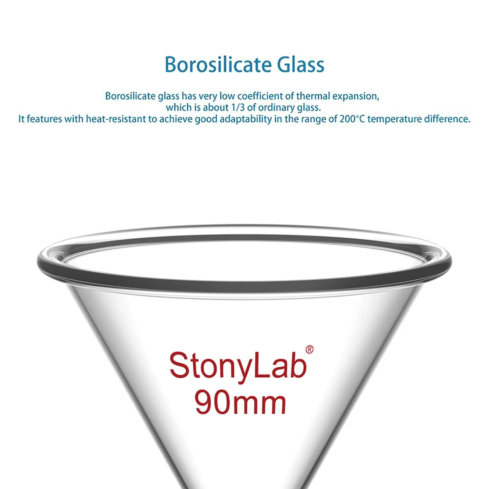 Side view and dimensional layout of the durable StonyLab Dropping Funnel for Flash Chromatography