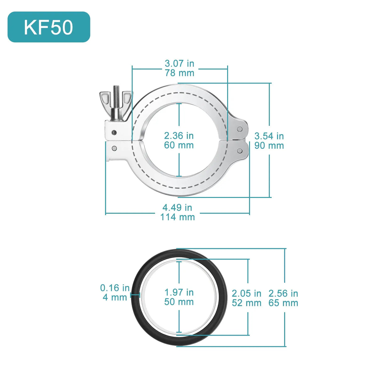Aluminum alloy KF vacuum flange clamp with positioning support bracket, wing nut and nitrile rubber gasket for KF16, KF25, KF40 and KF50 vacuum connections StonyLab