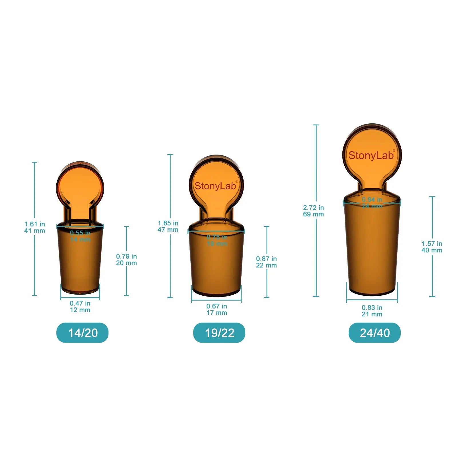 Close-up view showing the precise design and material of StonyLab Amber Glass Stoppers