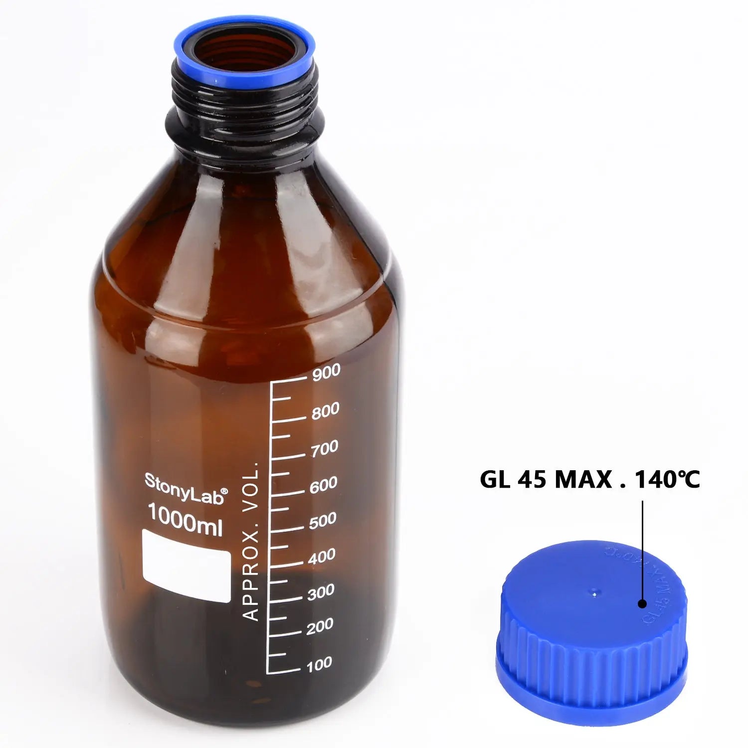 StonyLab Amber Media Storage Bottles with GL45 Blue Screw Cap heavy duty chemical processing configuration