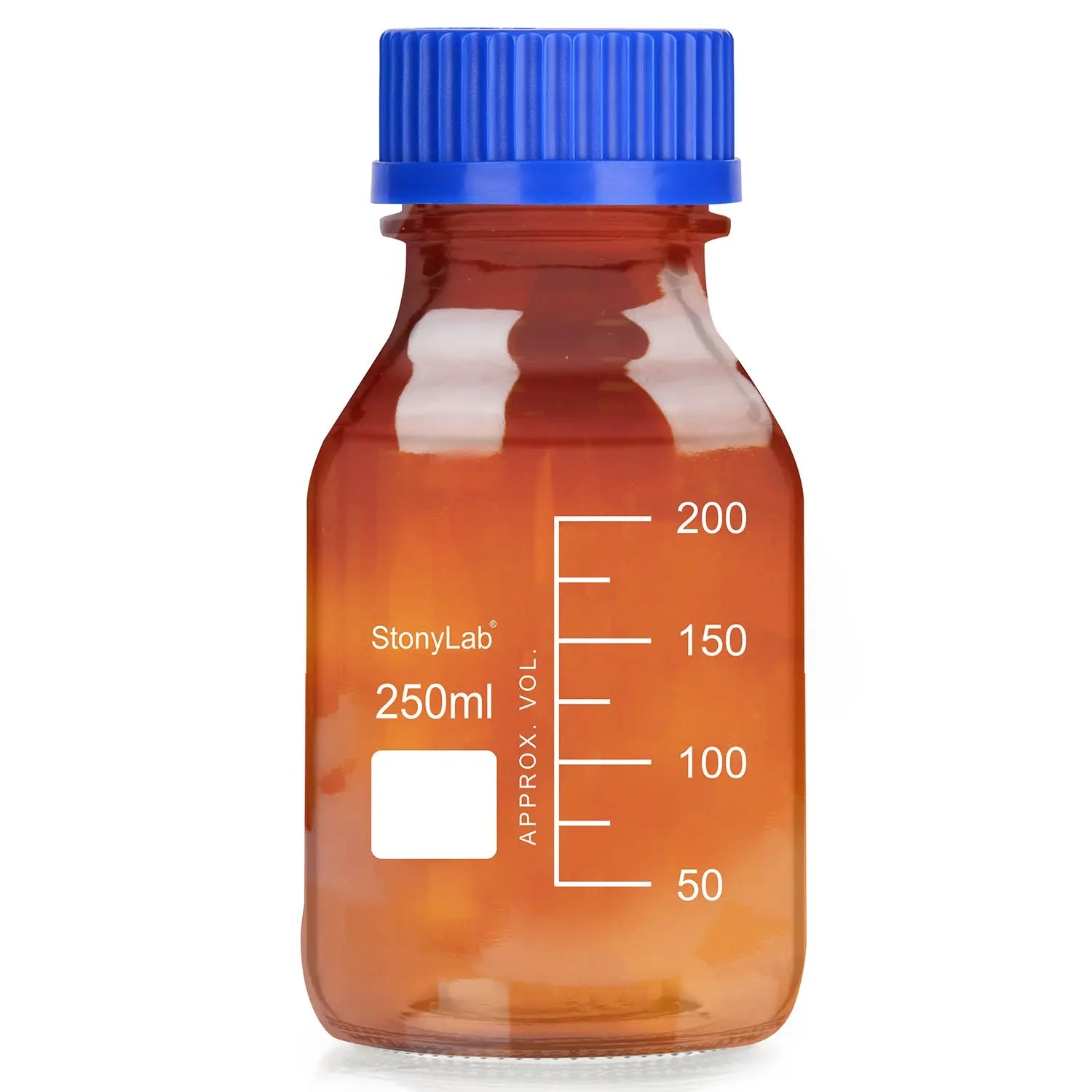Comprehensive product view and setup components for StonyLab Amber Media Storage Bottles with GL45 Blue Screw Cap