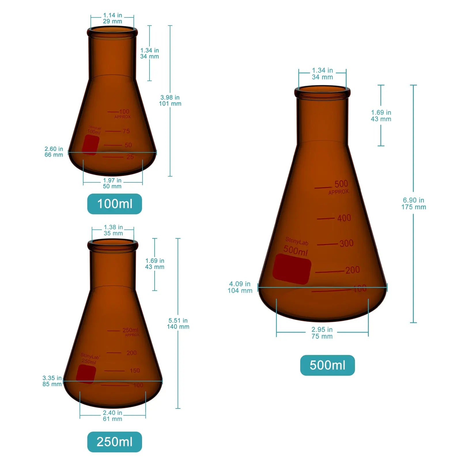 Close-up view showing the precise design and material of StonyLab Amber Narrow Mouth Erlenmeyer Flask
