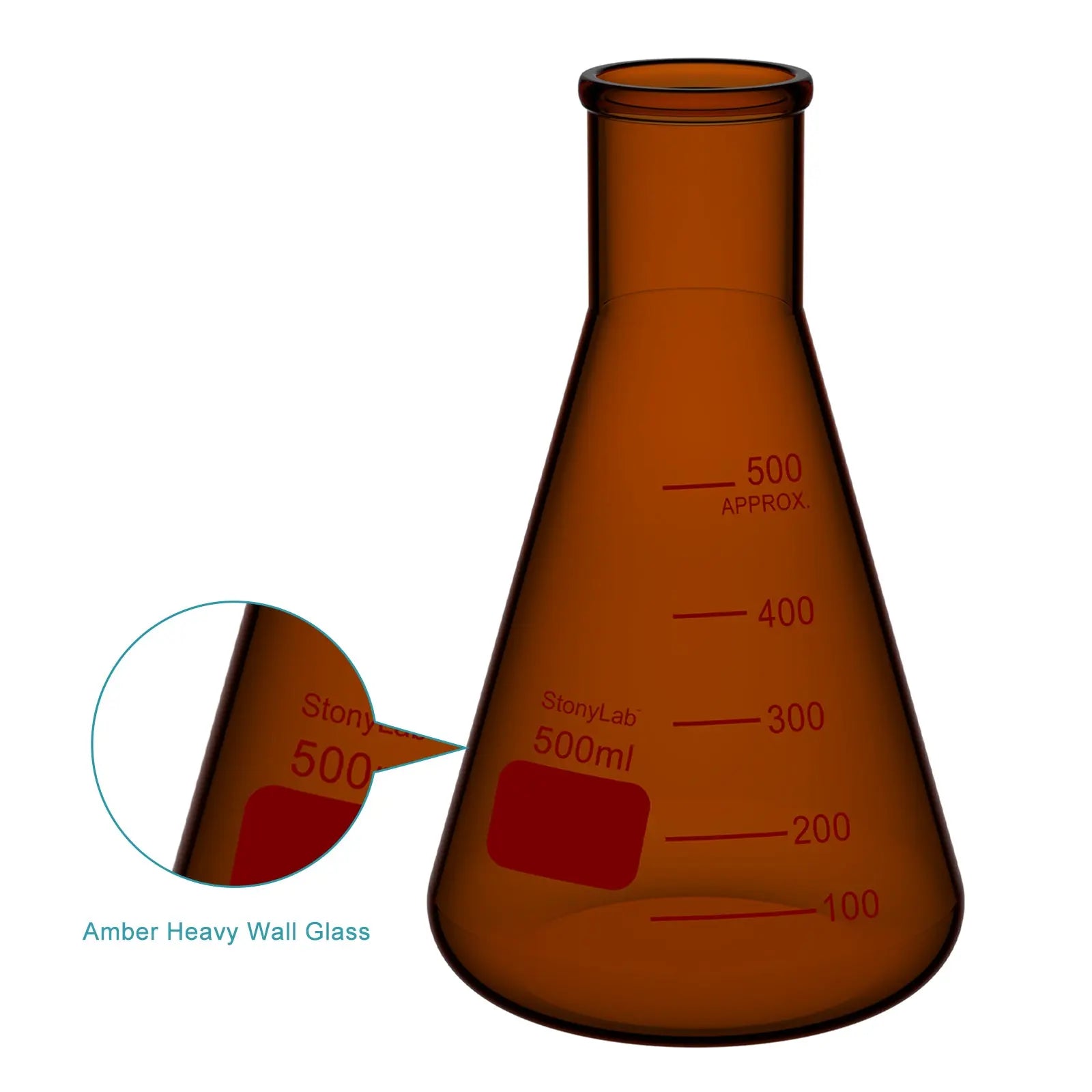 Side view and dimensional layout of the durable StonyLab Amber Narrow Mouth Erlenmeyer Flask