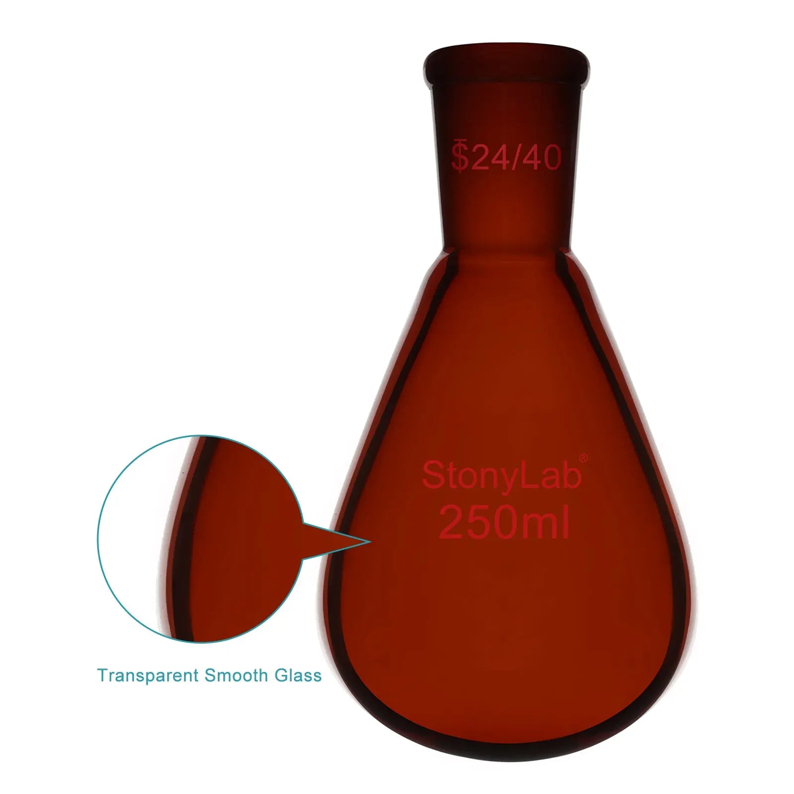 Side view and dimensional layout of the durable StonyLab Amber Single Neck Recovery Flask