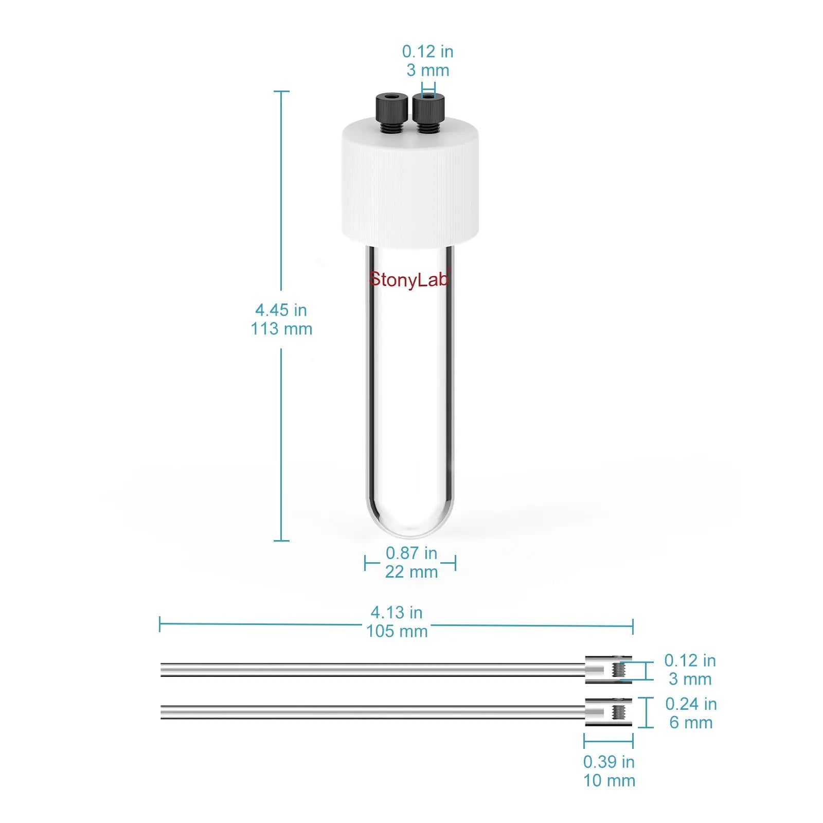 Side view and dimensional layout of the durable StonyLab Basic Sealed Tubular Electrolytic Cell