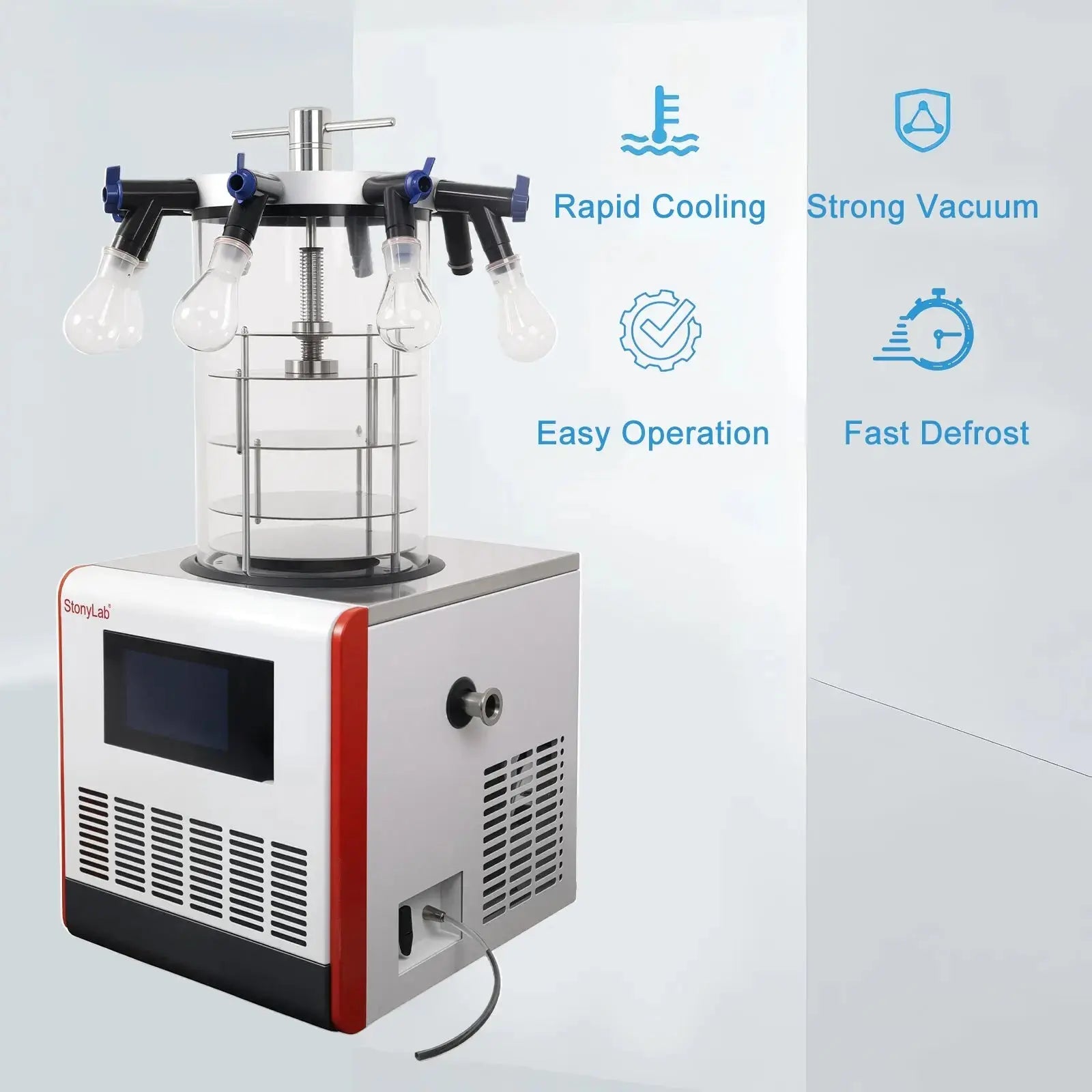 Side view and dimensional layout of the durable StonyLab Benchtop Freeze Dryer with Vacuum Pump