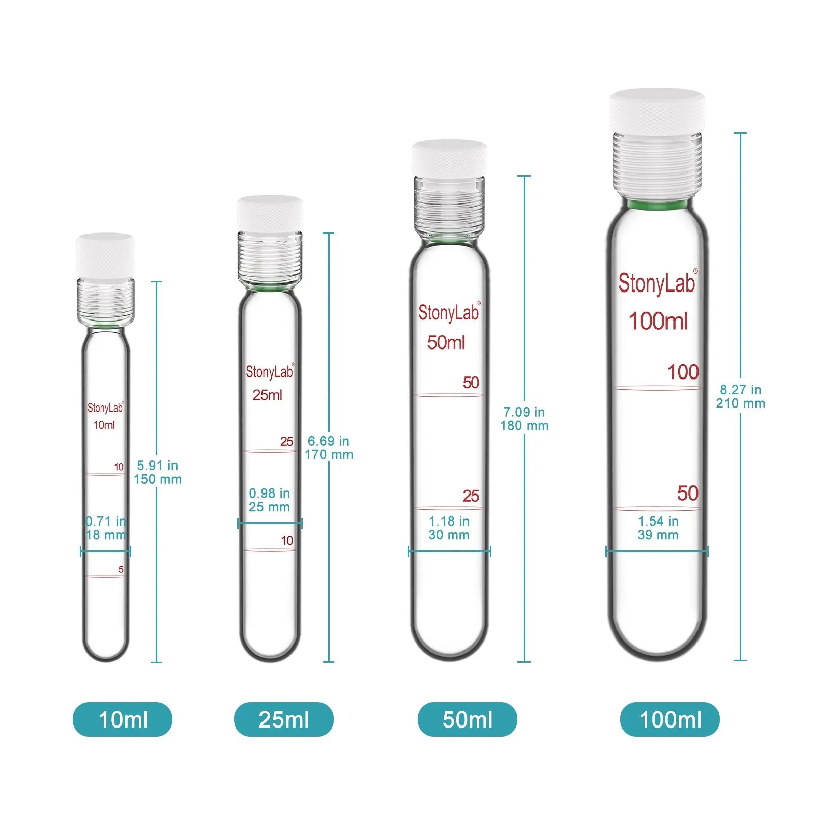 Close-up view showing the precise design and material of StonyLab Borosilicate Glass Reusable Graduated Test Tubes with PTFE Screw Cap