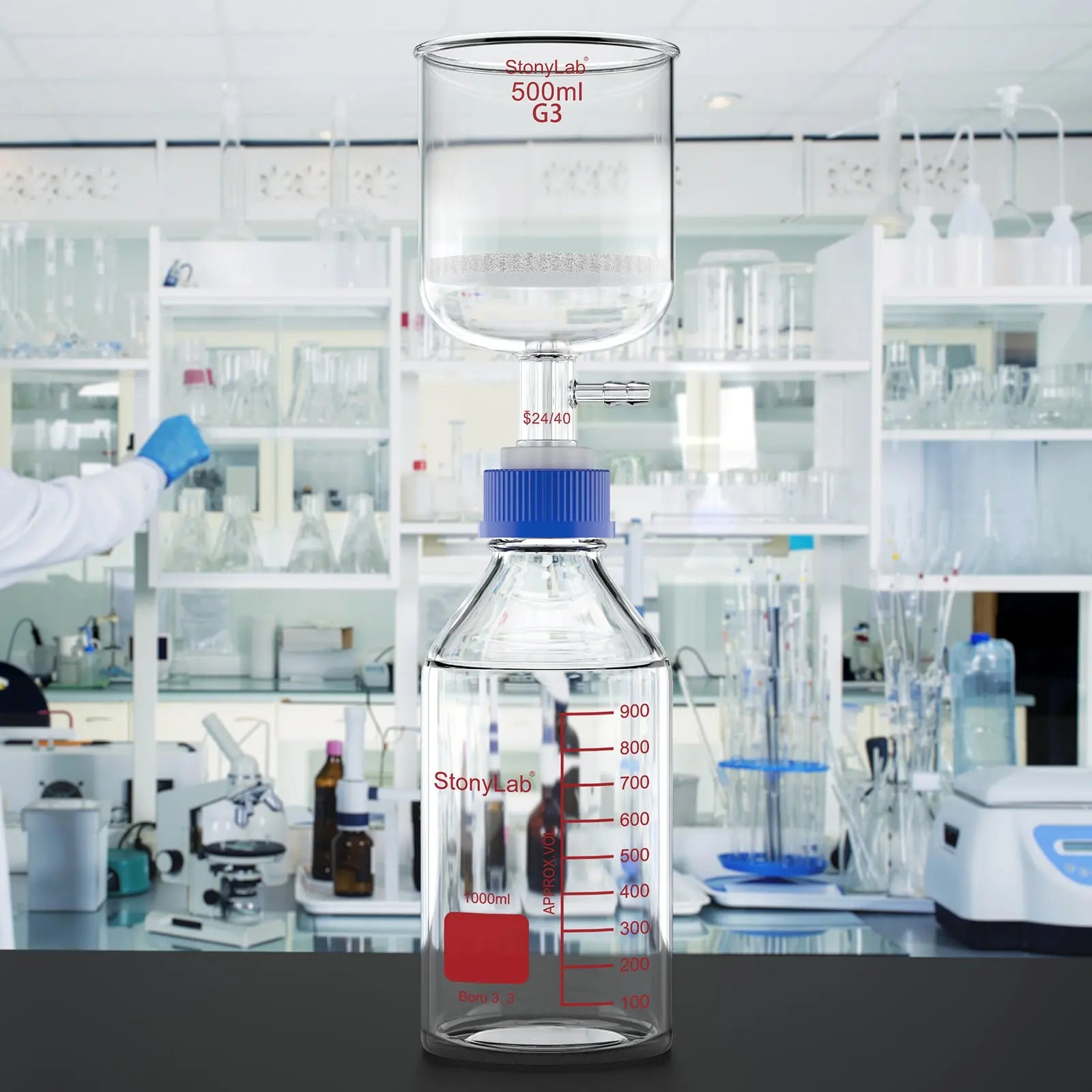 Alternative angle showing underlying build quality of StonyLab Buchner Funnel Filteration Kit