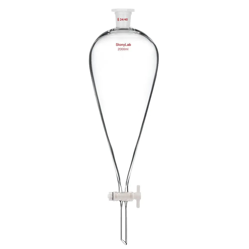Comprehensive product view and setup components for StonyLab Conical Separatory Funnel with Plastic Stopper and PTFE Stopcock