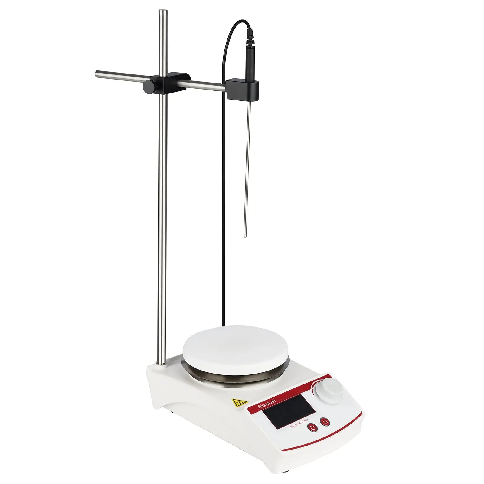 Side view and dimensional layout of the durable StonyLab Digital Heating Magnetic Stirrer with Temperature Sensor