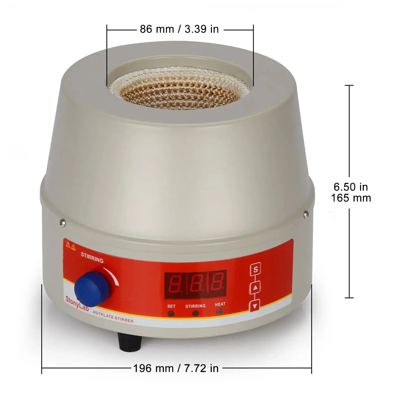 Side view and dimensional layout of the durable StonyLab Digital Heating Mantle with Temperature Sensor