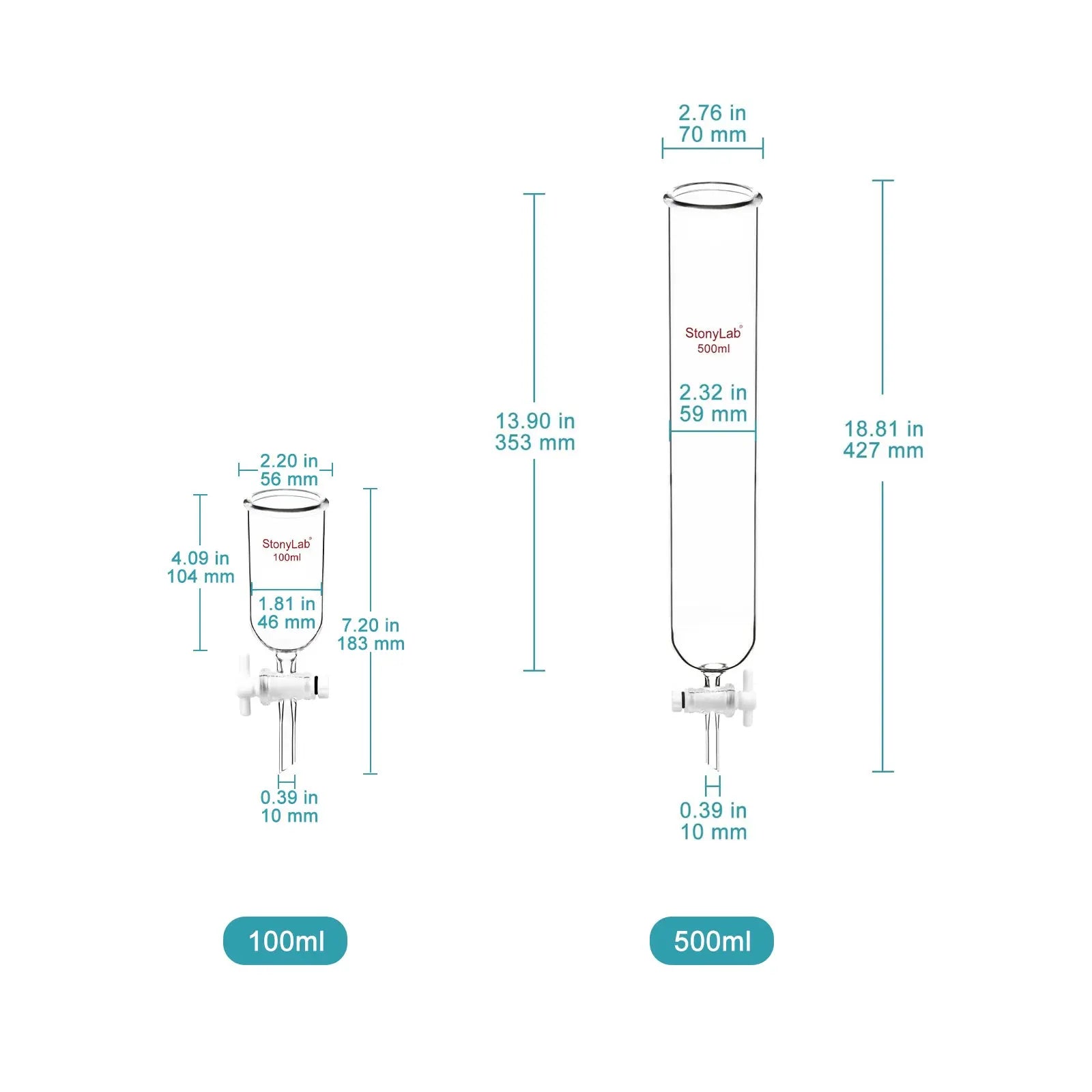 Close-up view showing the precise design and material of StonyLab Dropping Funnel with PTFE Stopcock