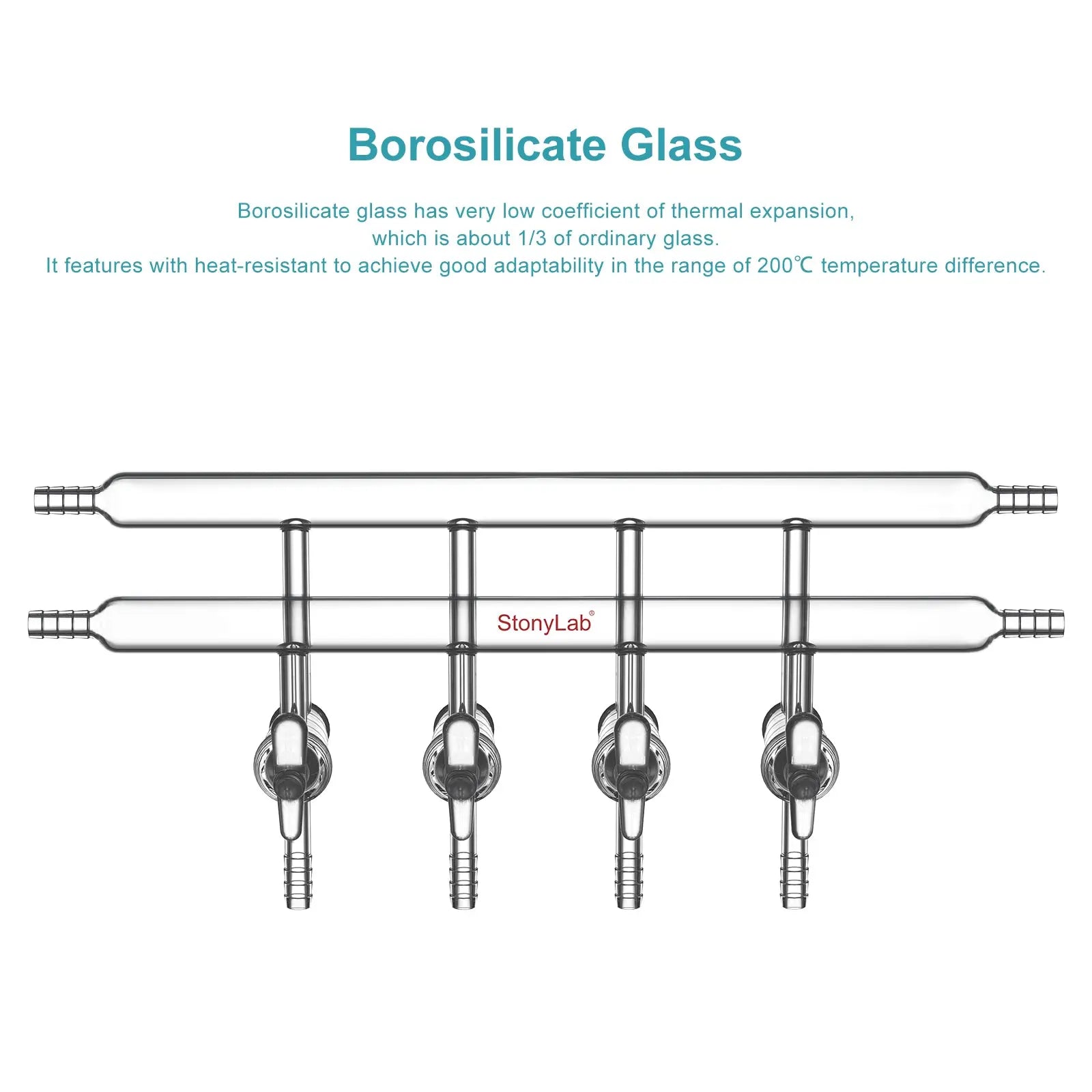 Side view and dimensional layout of the durable StonyLab Dual-Manifold with Glass Stopcocks