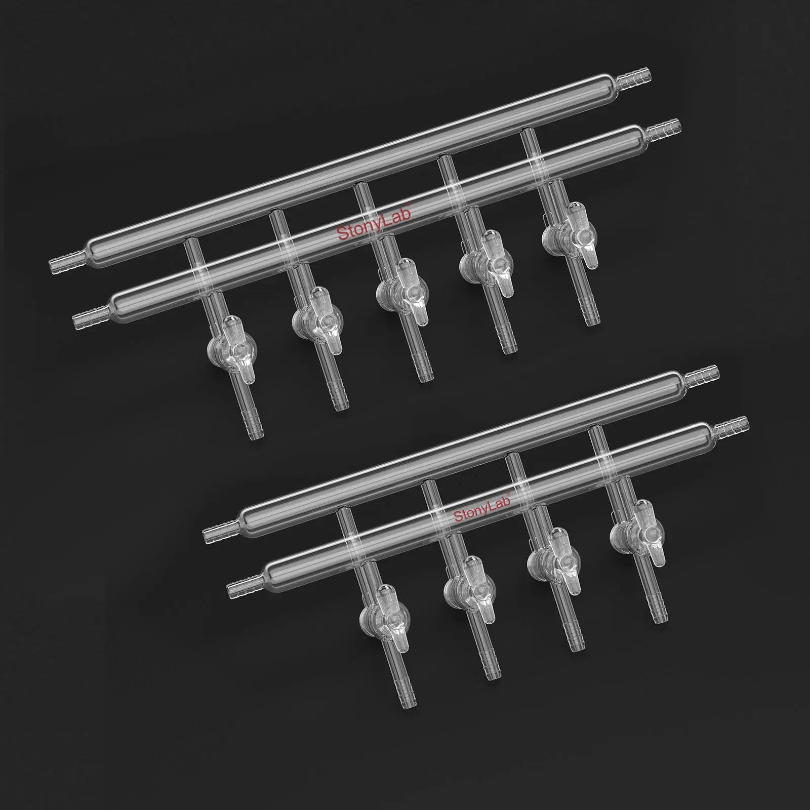 Alternative angle showing underlying build quality of StonyLab Dual-Manifold with Glass Stopcocks