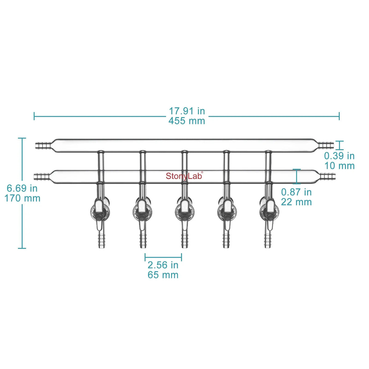 Dual vacuum manifold with 5 glass stopcocks and 2 hose connections per bank for laboratory vacuum control StonyLab