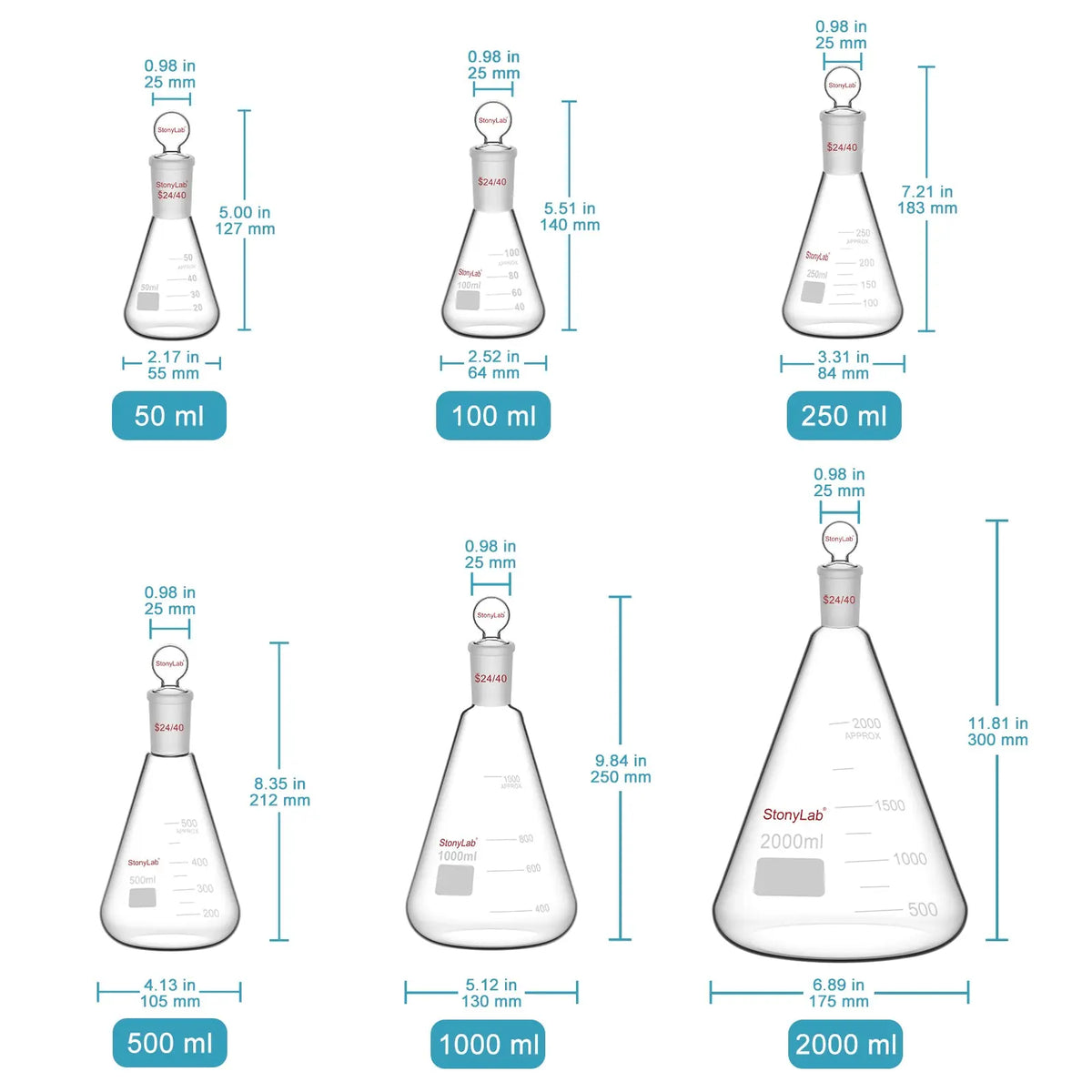 Erlenmeyer Flask with Glass Stopper, 24/40 Joint, 50-2000 ML Flasks-Erlenmeyer