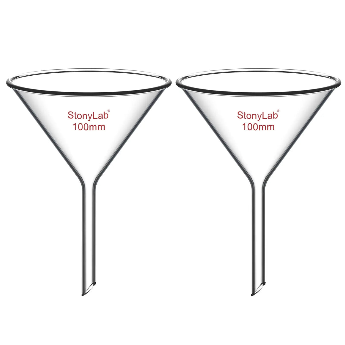 Borosilicate glass laboratory filter funnel for routine filtration and liquid transfer, available in 50–180 mm diameter sizes StonyLab