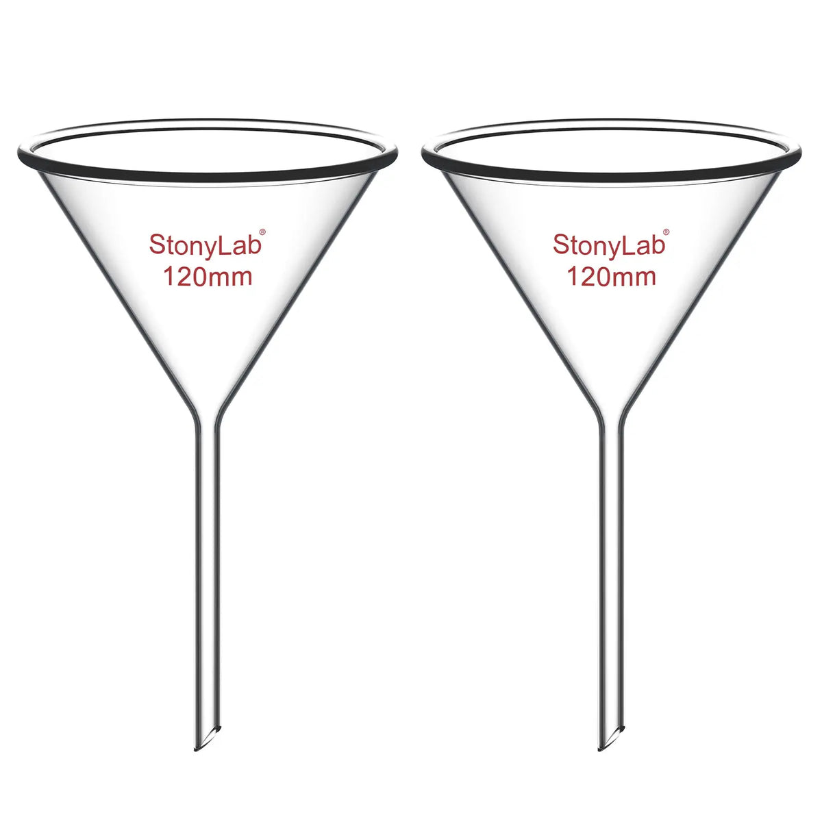 Borosilicate glass laboratory filter funnel for routine filtration and liquid transfer, available in 50–180 mm diameter sizes StonyLab
