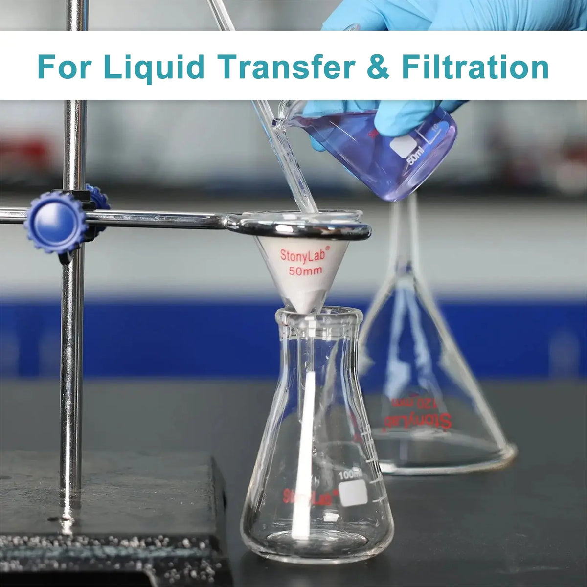 Borosilicate glass laboratory filter funnel for routine filtration and liquid transfer, available in 50–180 mm diameter sizes StonyLab