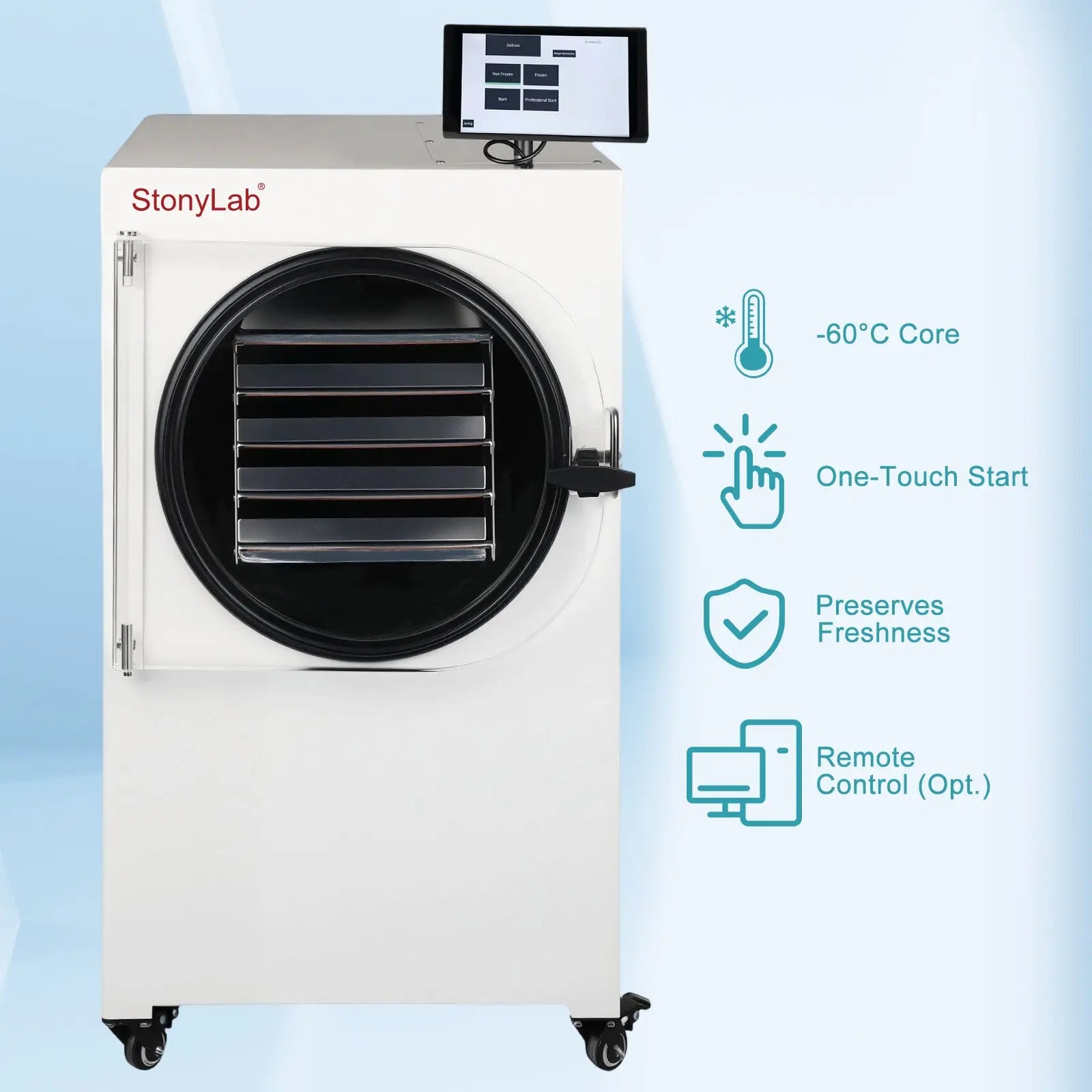 Internal heating chamber and shelving configuration of StonyLab Food Freeze Dryer with Vacuum Pump