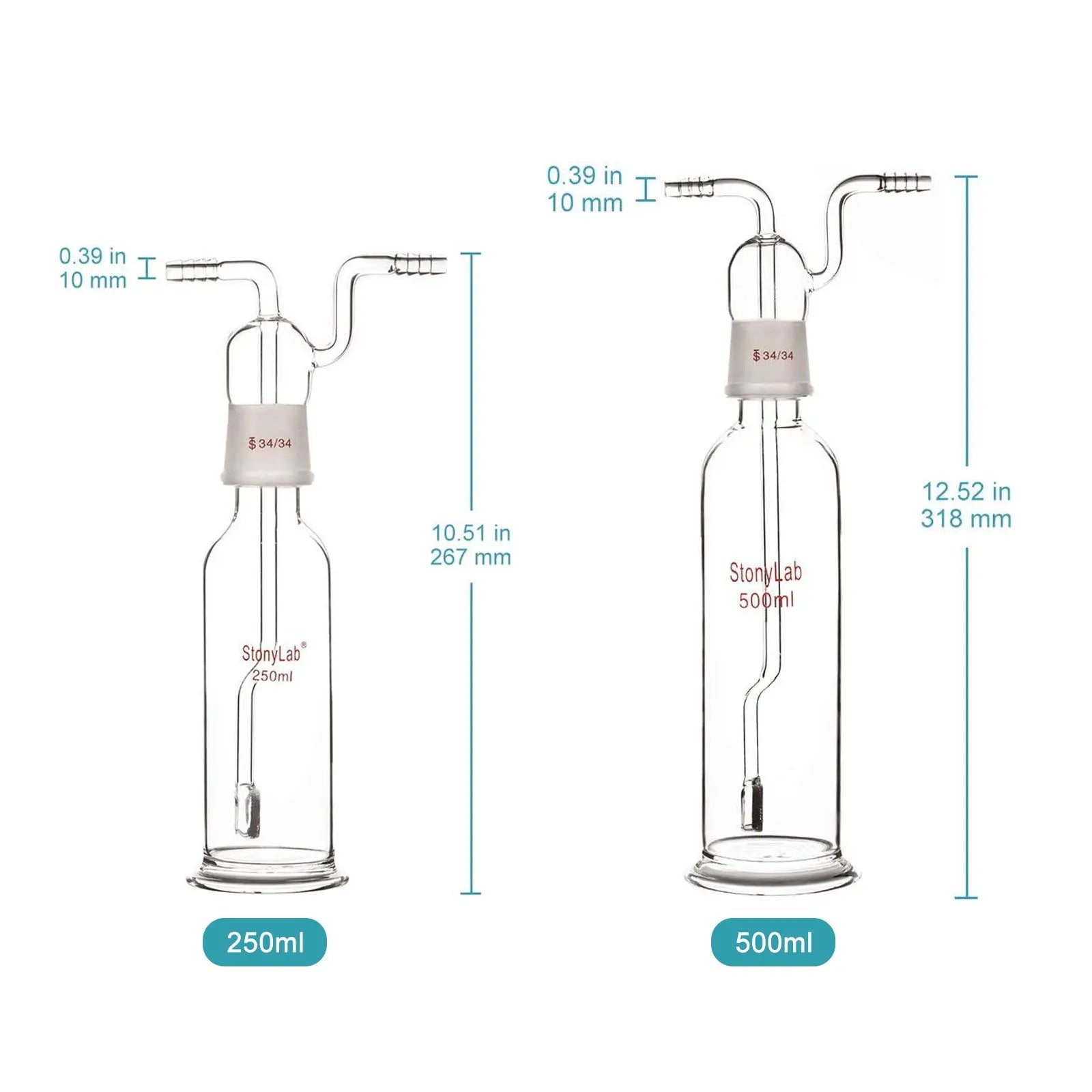 Close-up view showing the precise design and material of StonyLab Gas Washing Bottle with Fritted Dispersion Tube