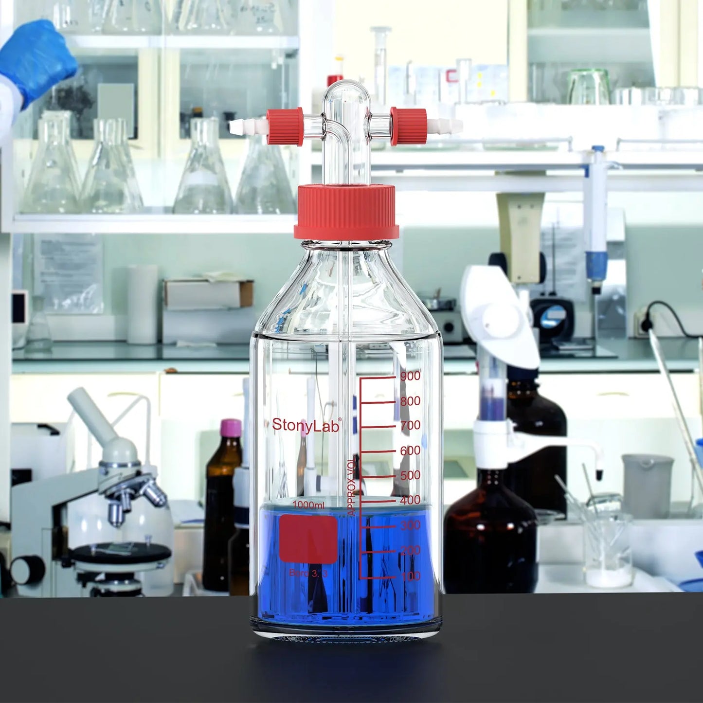 Gas Washing Bottle with Straight Dispersion Tube, GL45 Screw Thread PP Cap, 250-1000 ml Bottles-Bottle Bubblers