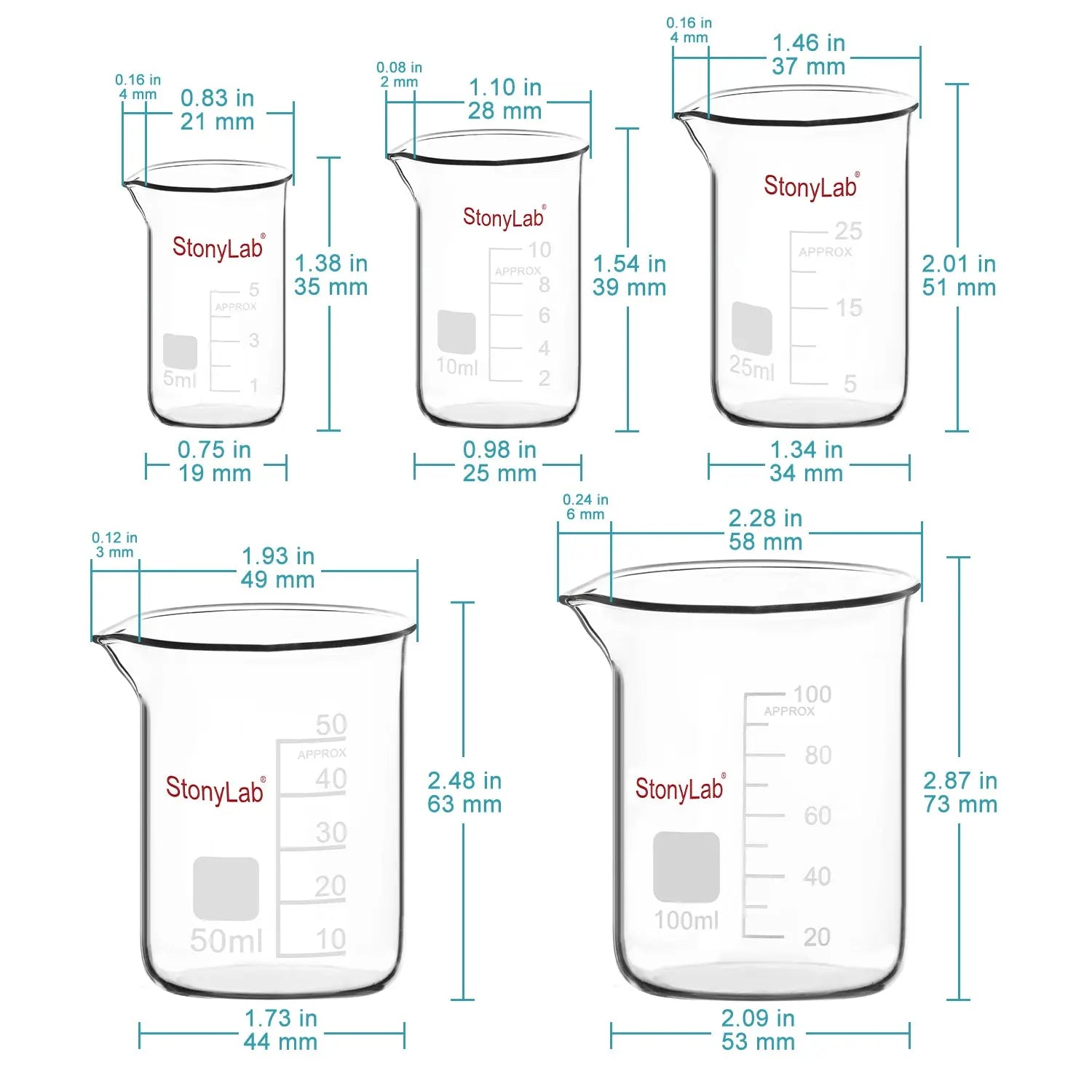 Close-up view showing the precise design and material of StonyLab Mixed Size Glass Beaker Set
